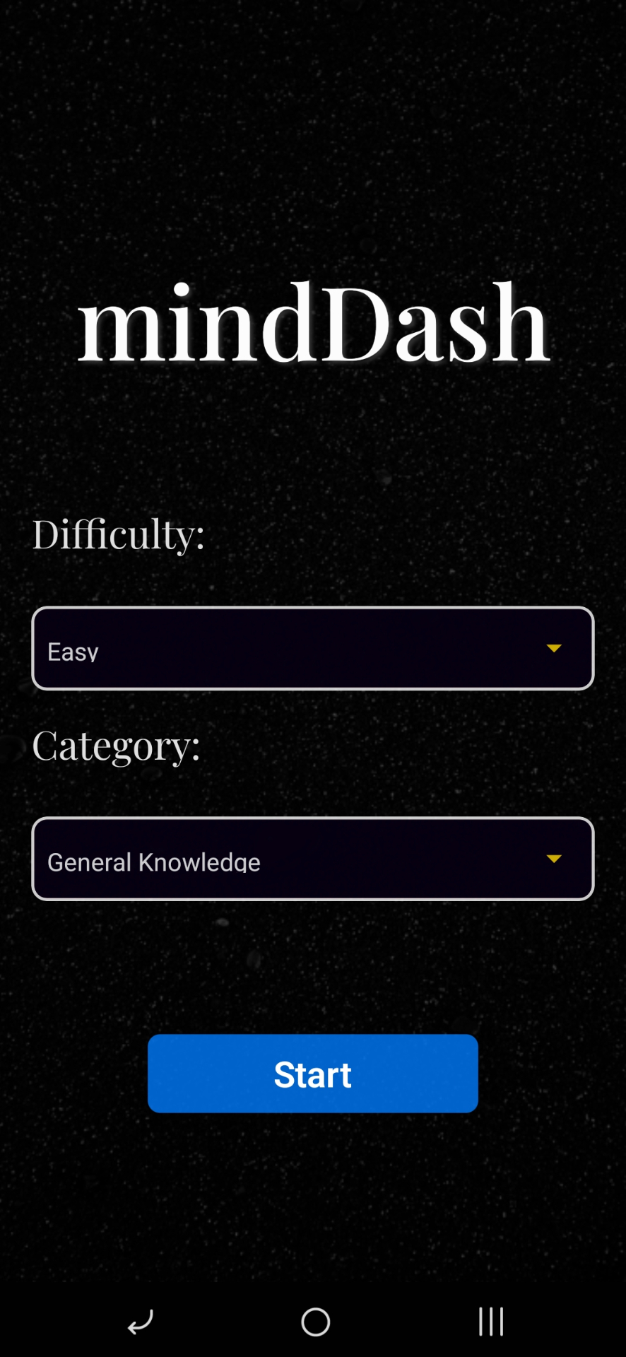 MindDash welcome screen with difficulty and category selection
